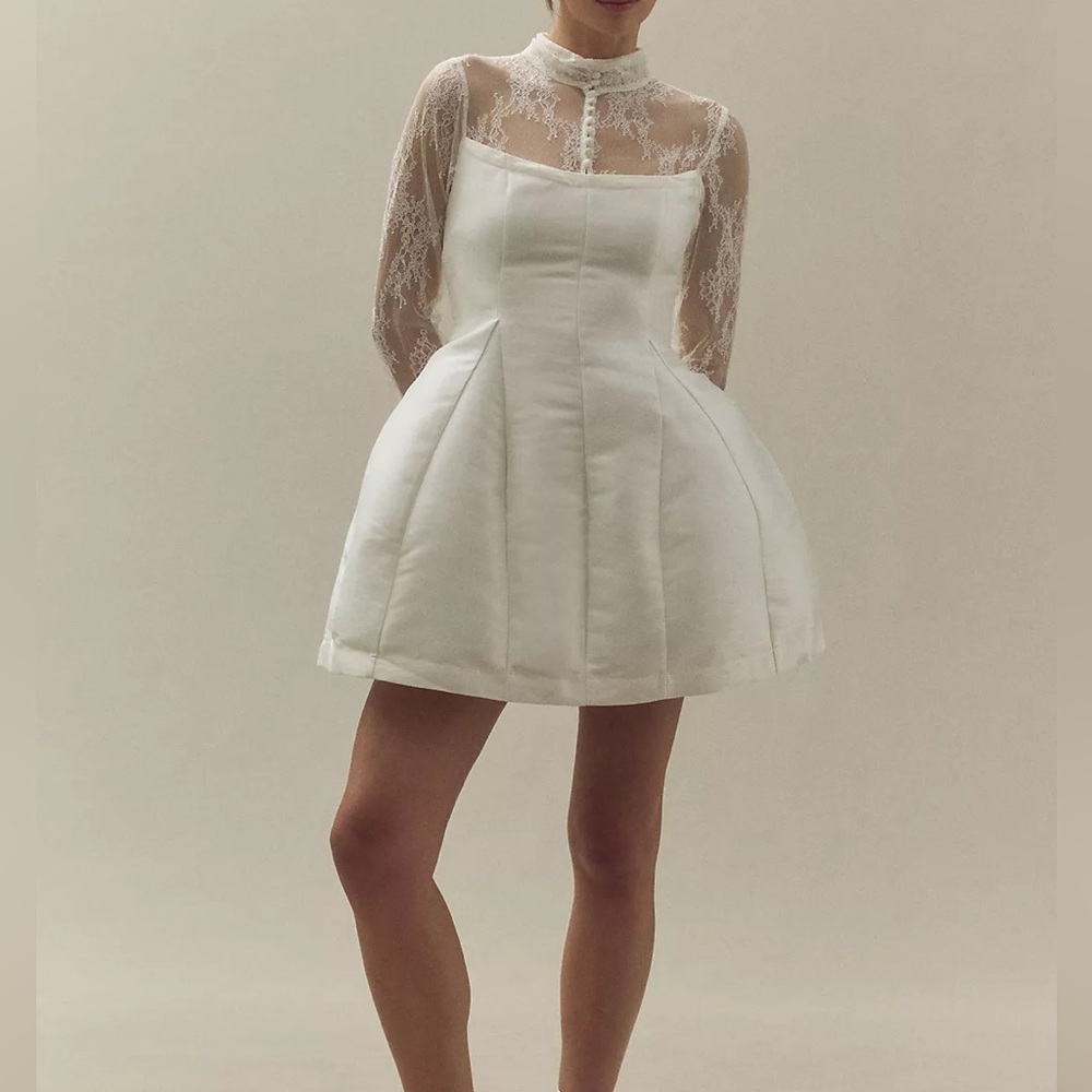 BHLDN LONG-SLEEVE HIGH-NECK LACE FIT & FLARE MINI DRESS Anthropologie